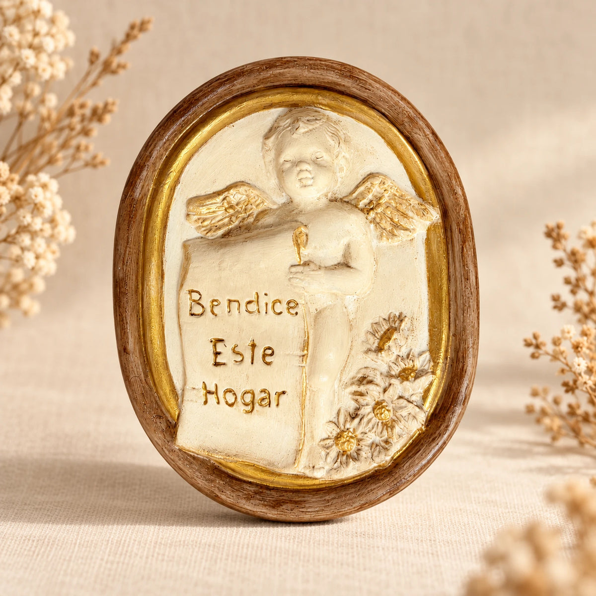 Placa redonda “Bendice este hogar” con ángel